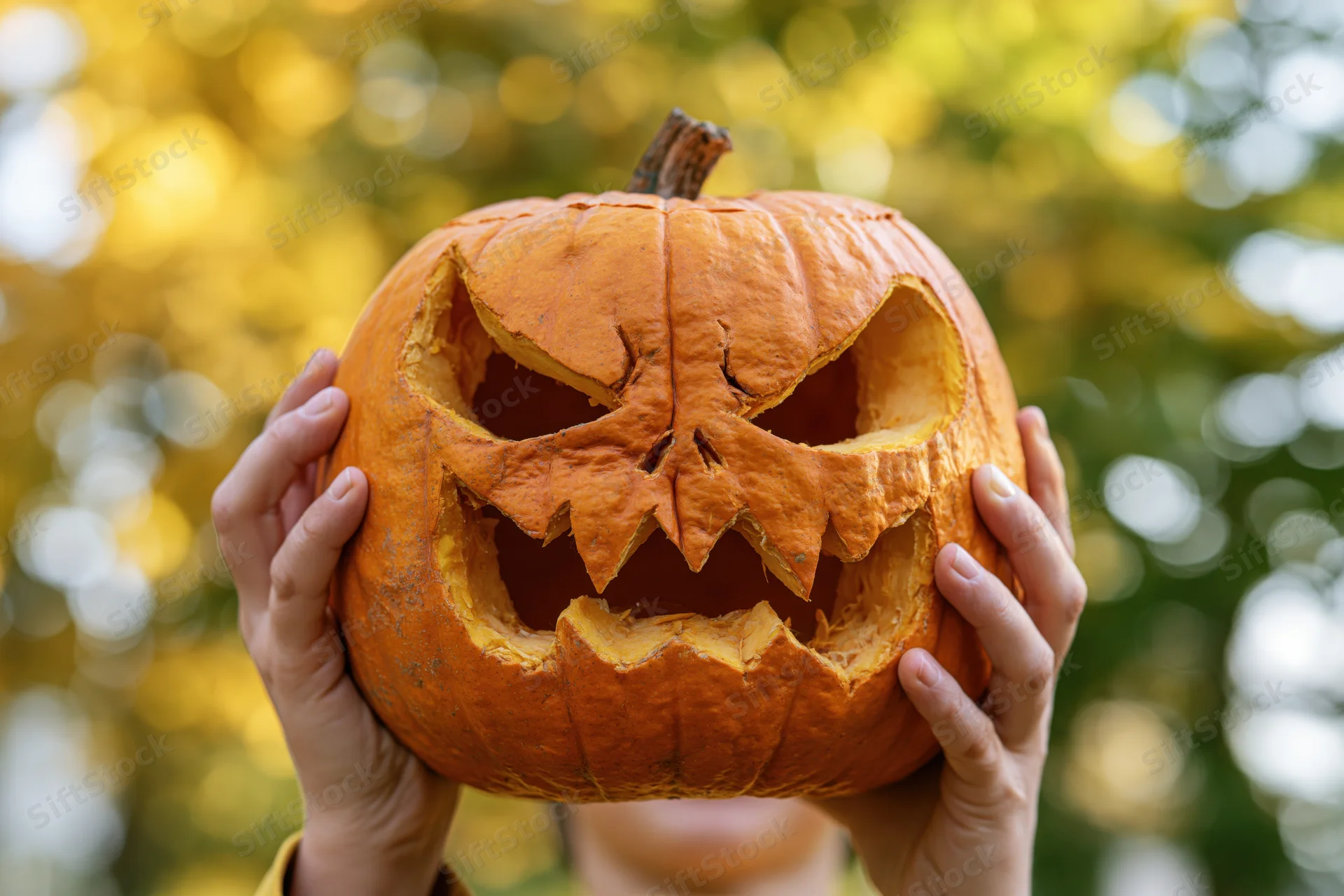 Hands holding a carved jack-o-lantern with a spooky face outdoors in autumn foliage