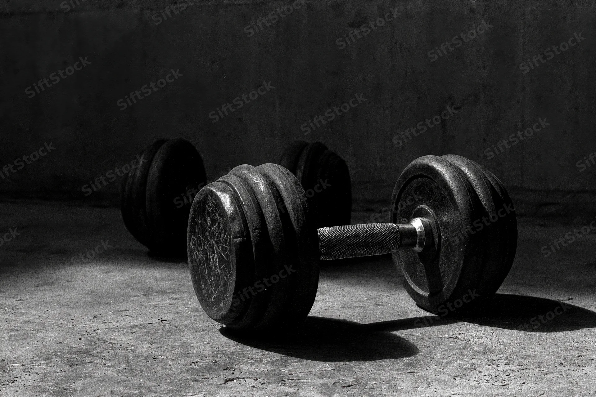 Two iron dumbbells resting on a rough concrete gym floor