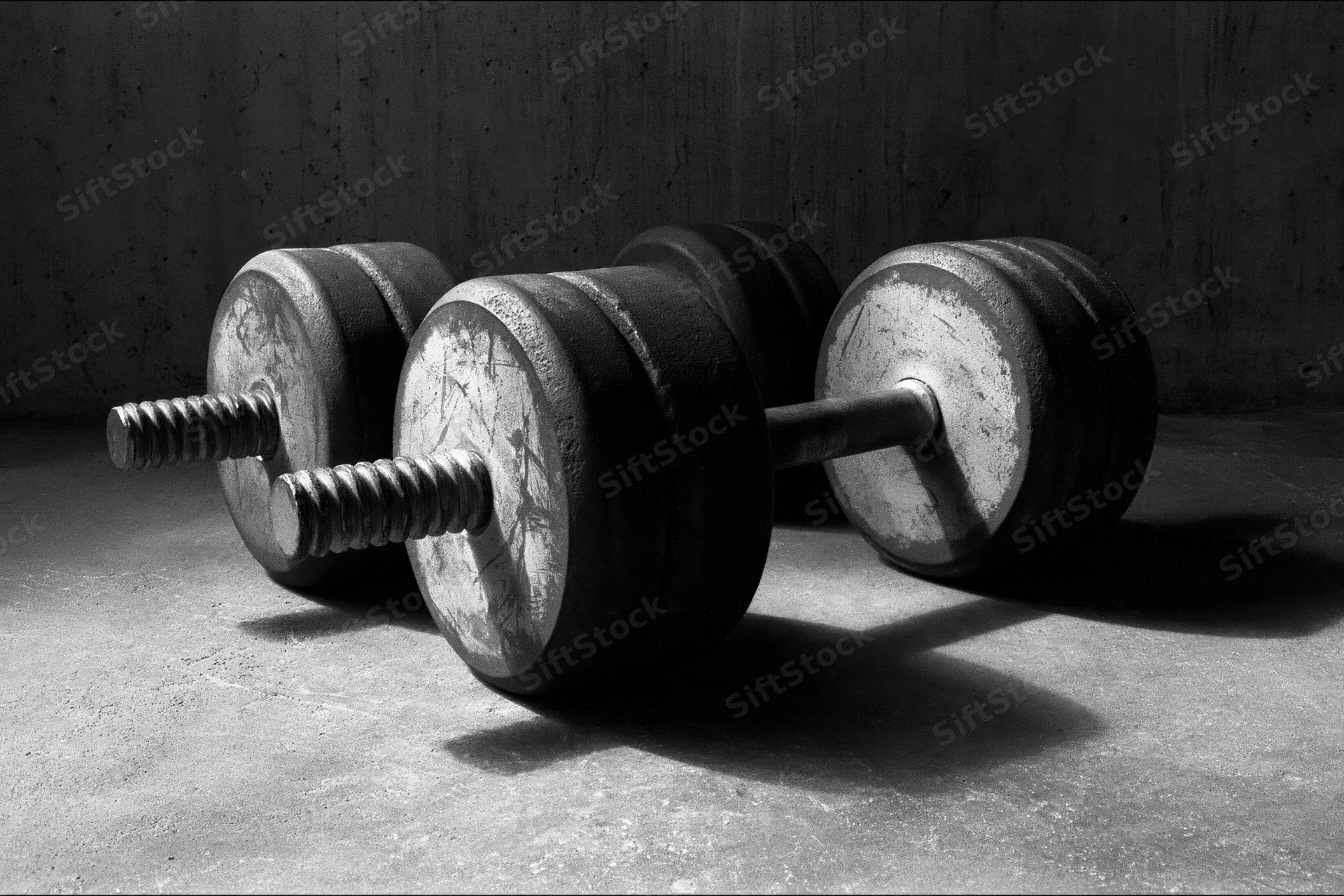 Two iron dumbbells resting on a rough concrete gym floor