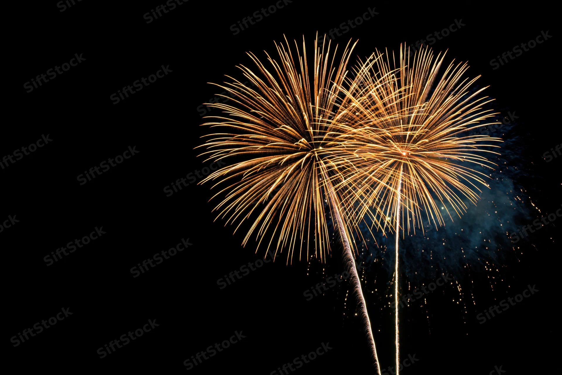 Two large gold and orange fireworks bursting simultaneously in the night sky