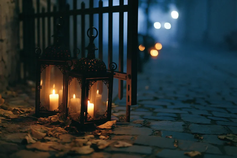 Two ornate metal lanterns glowing with warm candlelight on a cobblestone street at night surrounded by fallen leaves and a dark fence