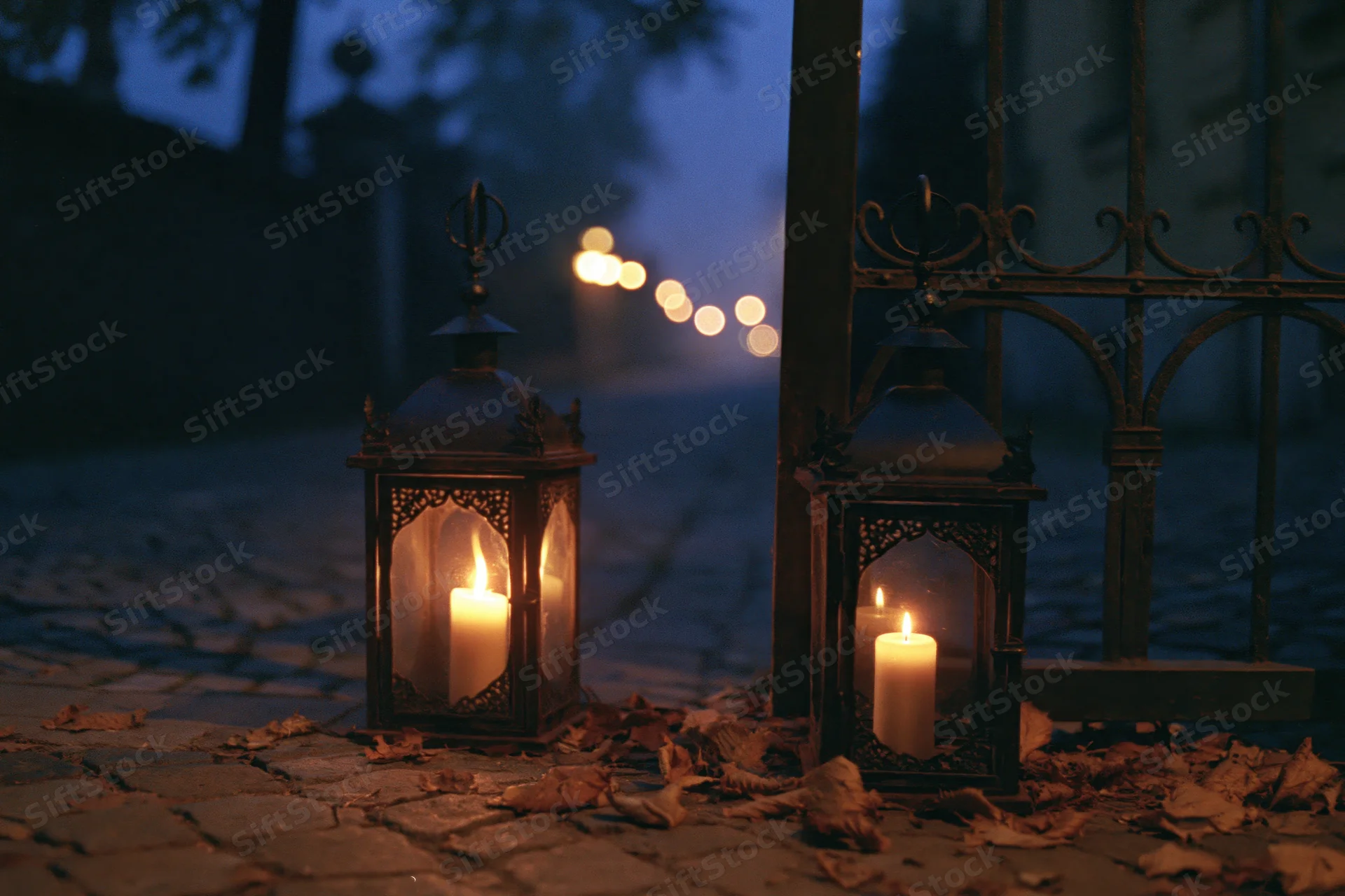 Two ornate metal lanterns with lit candles on a cobblestone path at night near a wrought iron gate surrounded by fallen leaves