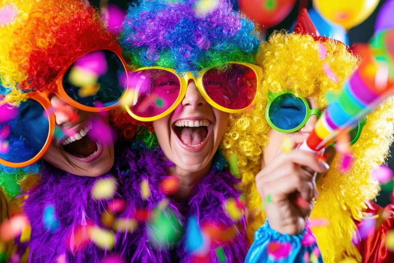 Three women laughing in colorful clown wigs and oversized sunglasses at a party with confetti and balloons