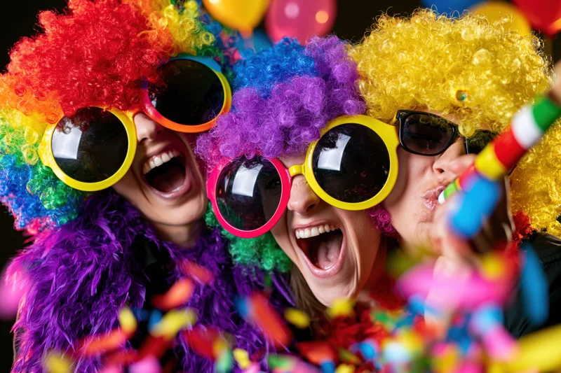Three women laughing with colorful wigs and oversized sunglasses at a festive party