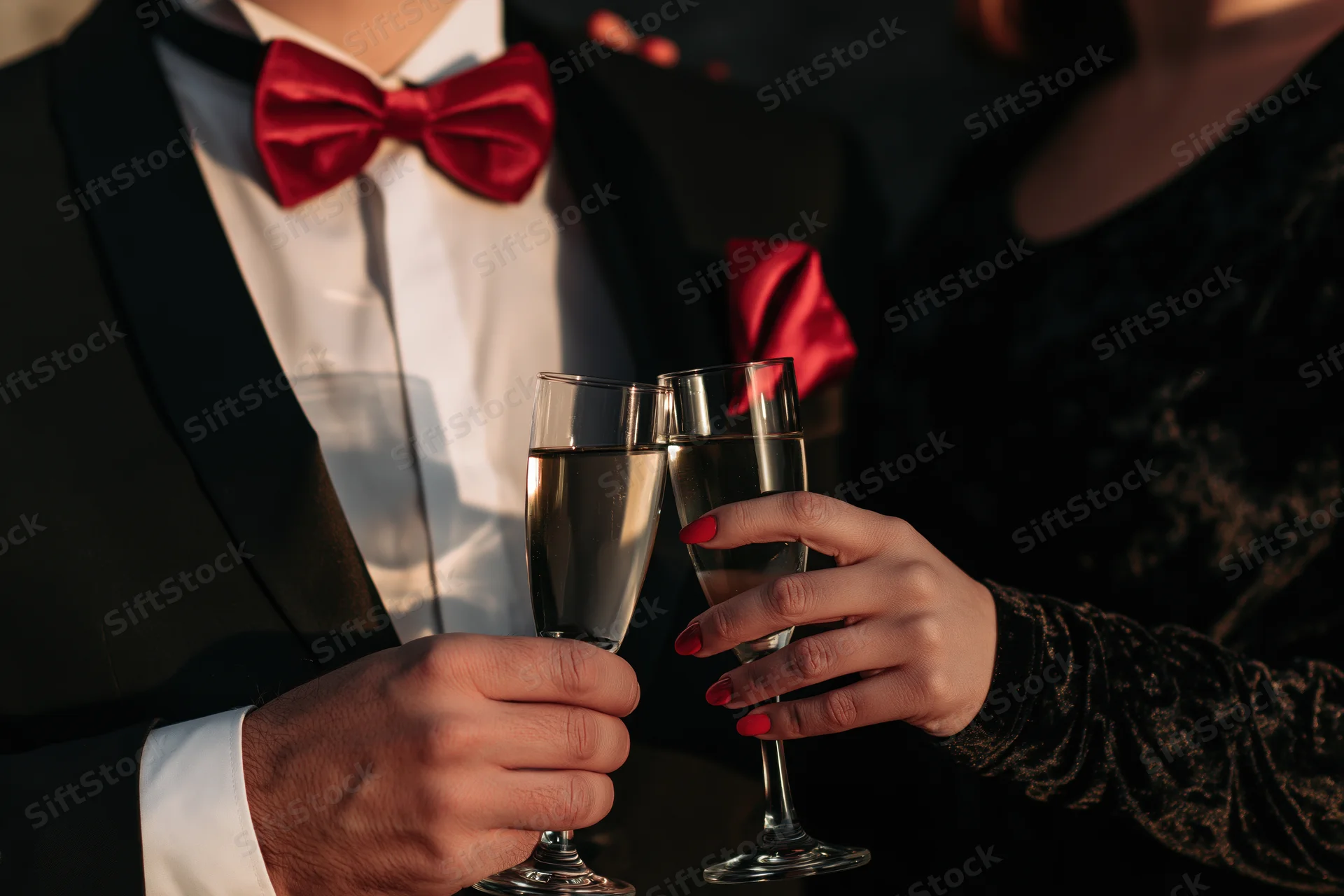Couple toasting with champagne flutes at a formal evening event