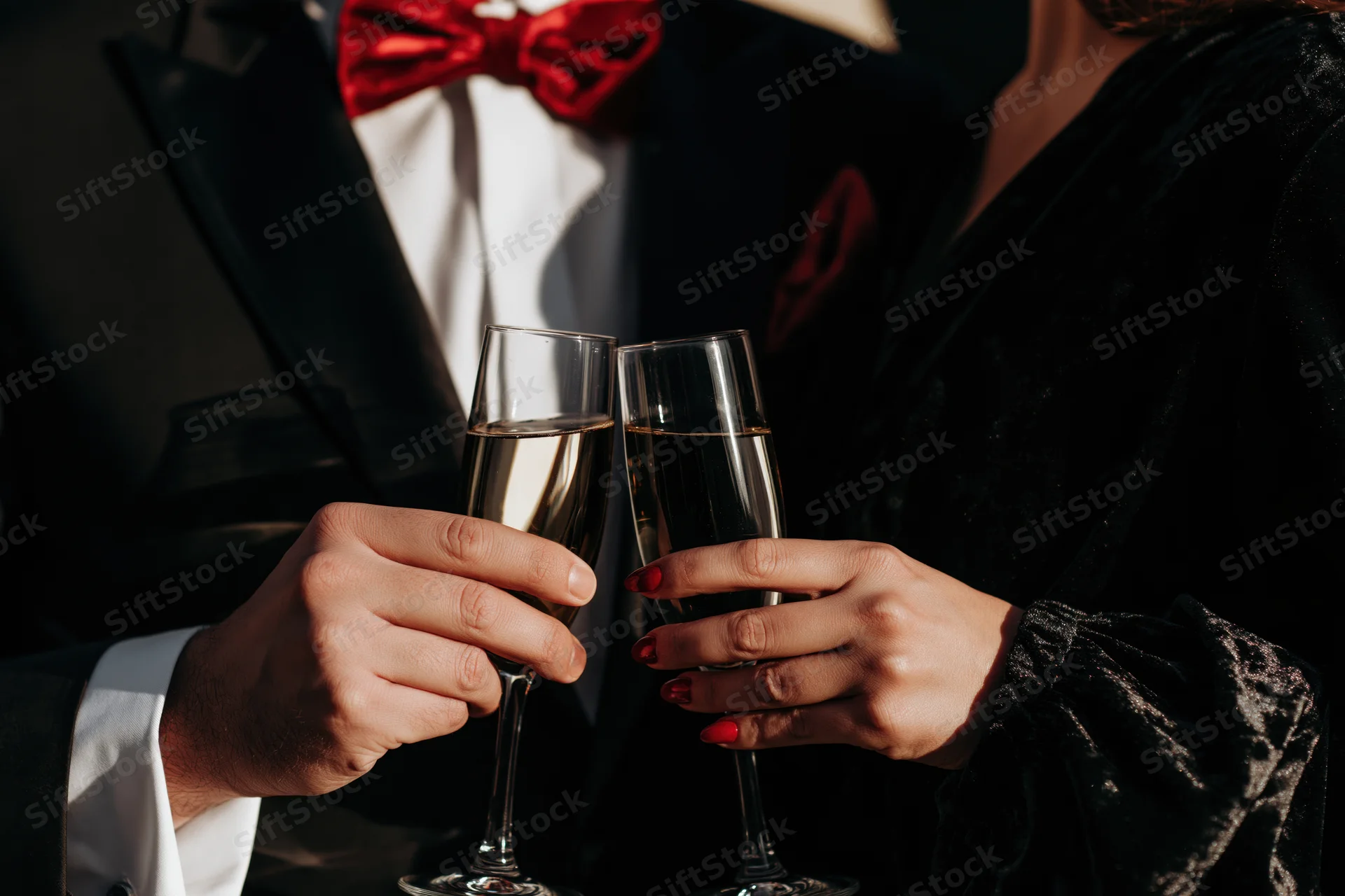 Man and woman toasting with champagne flutes at a formal evening event