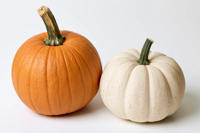 Two pumpkins side by side on a plain white surface