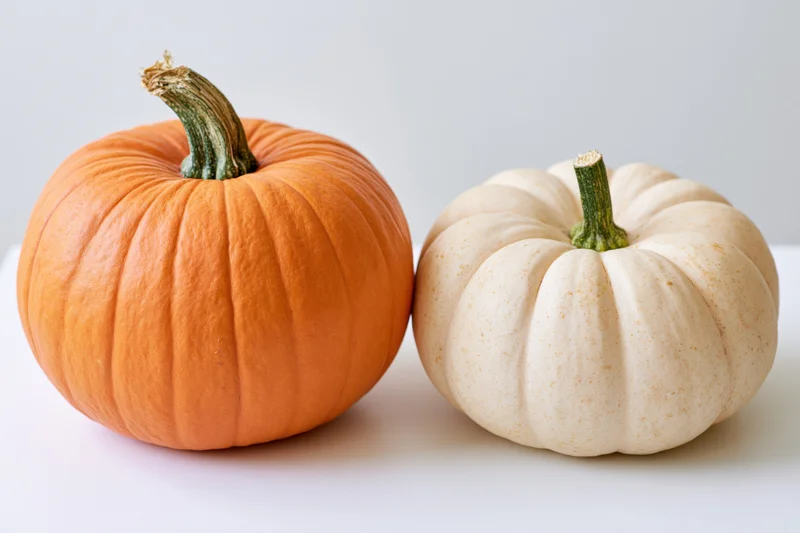 Two pumpkins side by side on a white surface