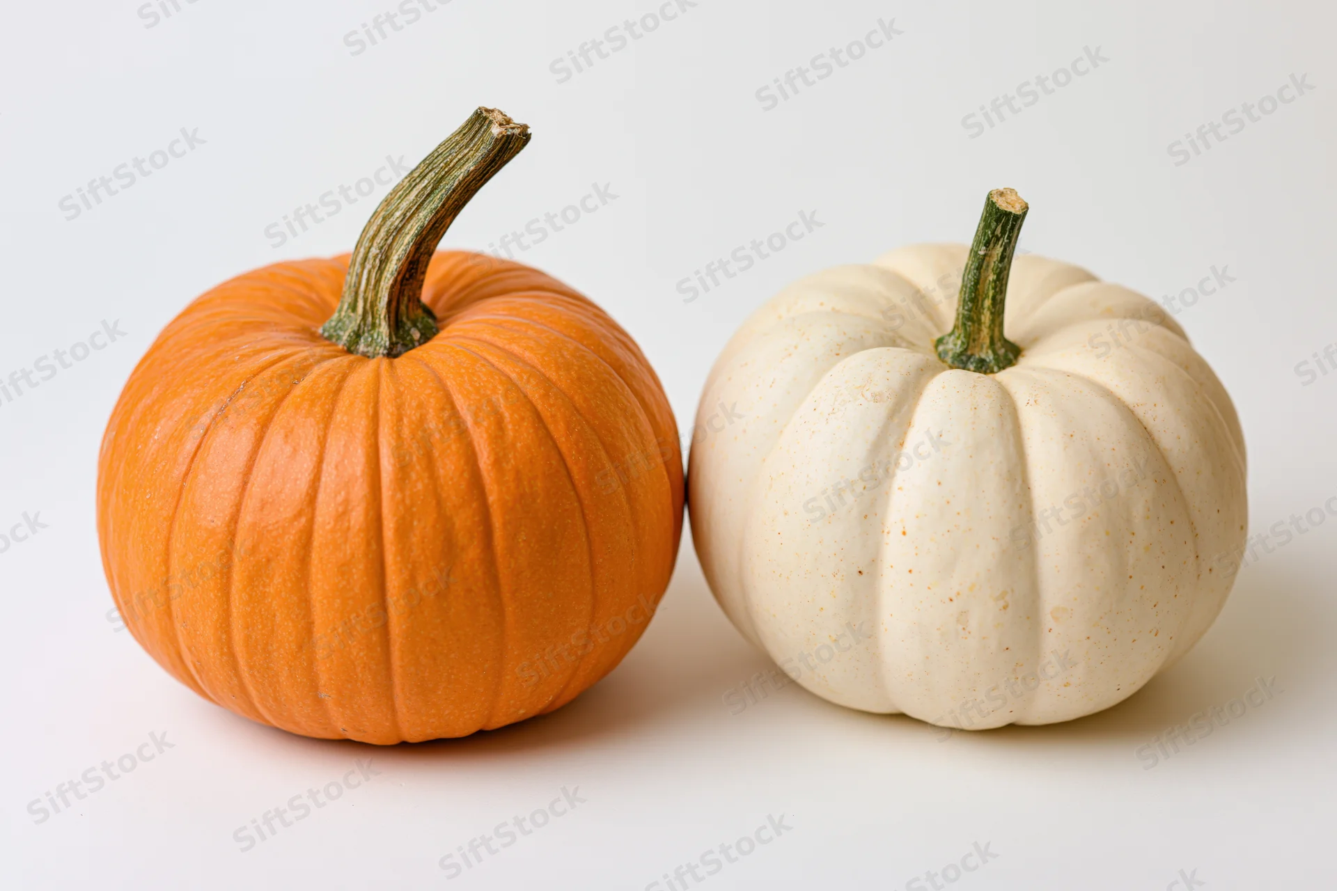Two pumpkins side by side on a plain white surface