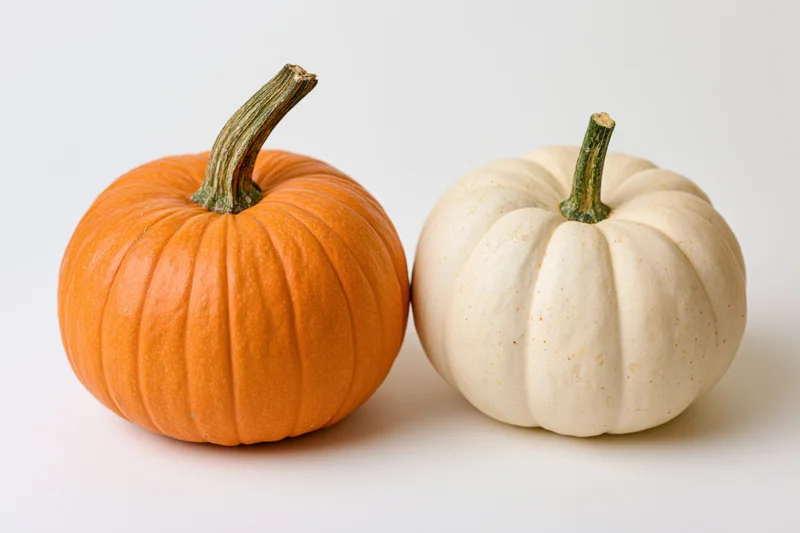 Two pumpkins side by side on a plain white surface