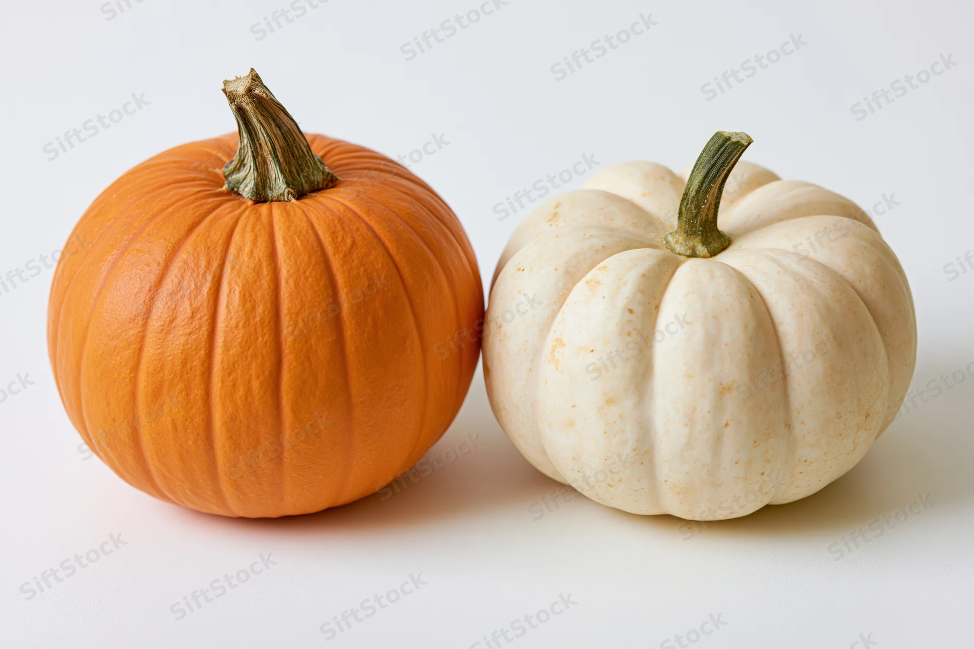 Two pumpkins side by side on a plain white surface