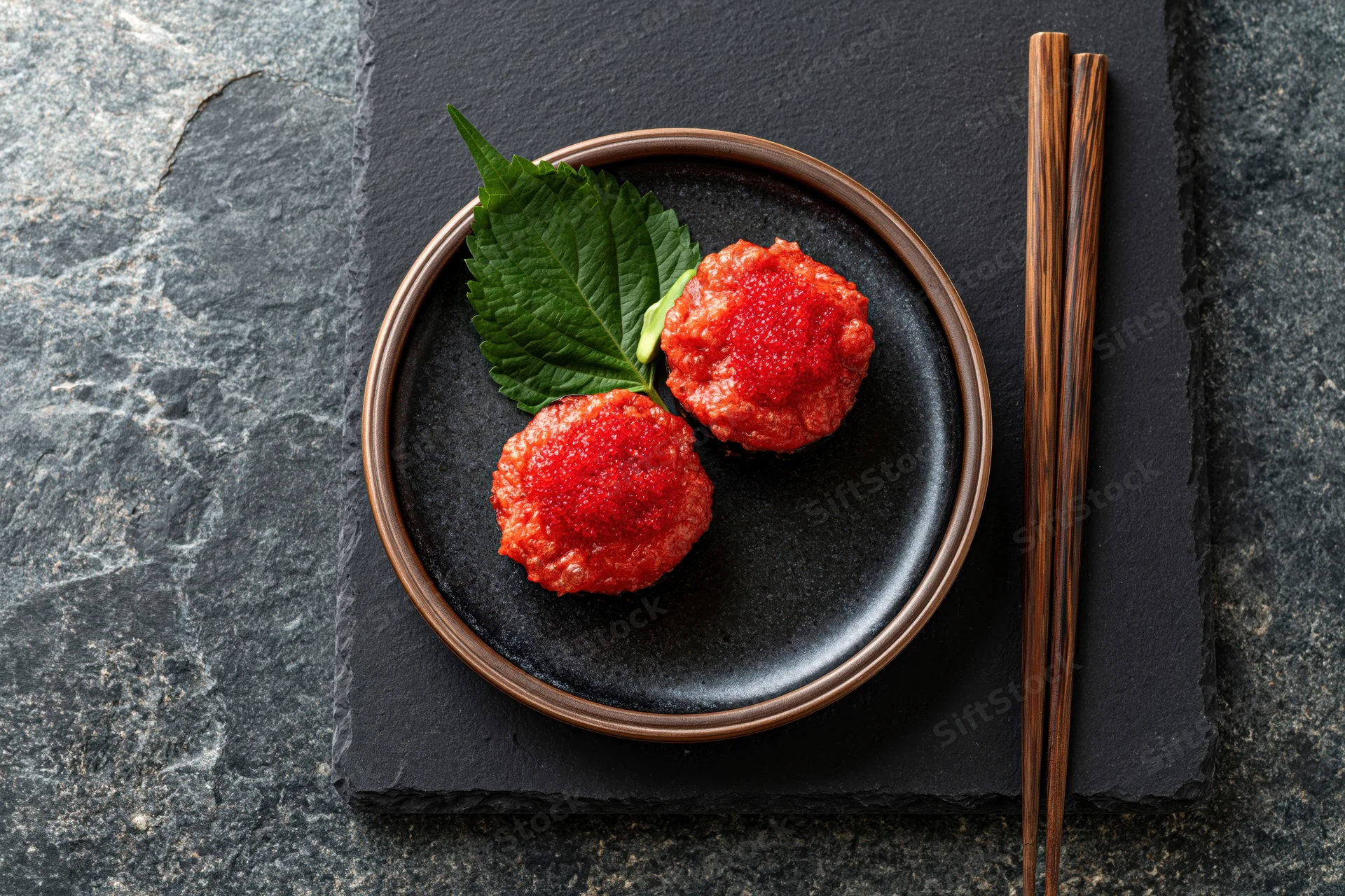 Two red maki sushi rolls topped with tobiko on a black ceramic plate with shiso leaf and wooden chopsticks on slate surface