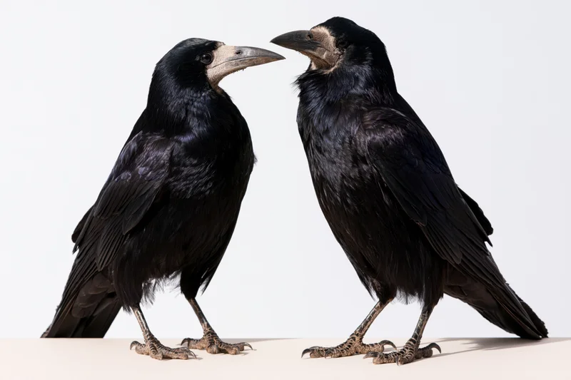 Two rooks standing side by side facing each other on a white surface