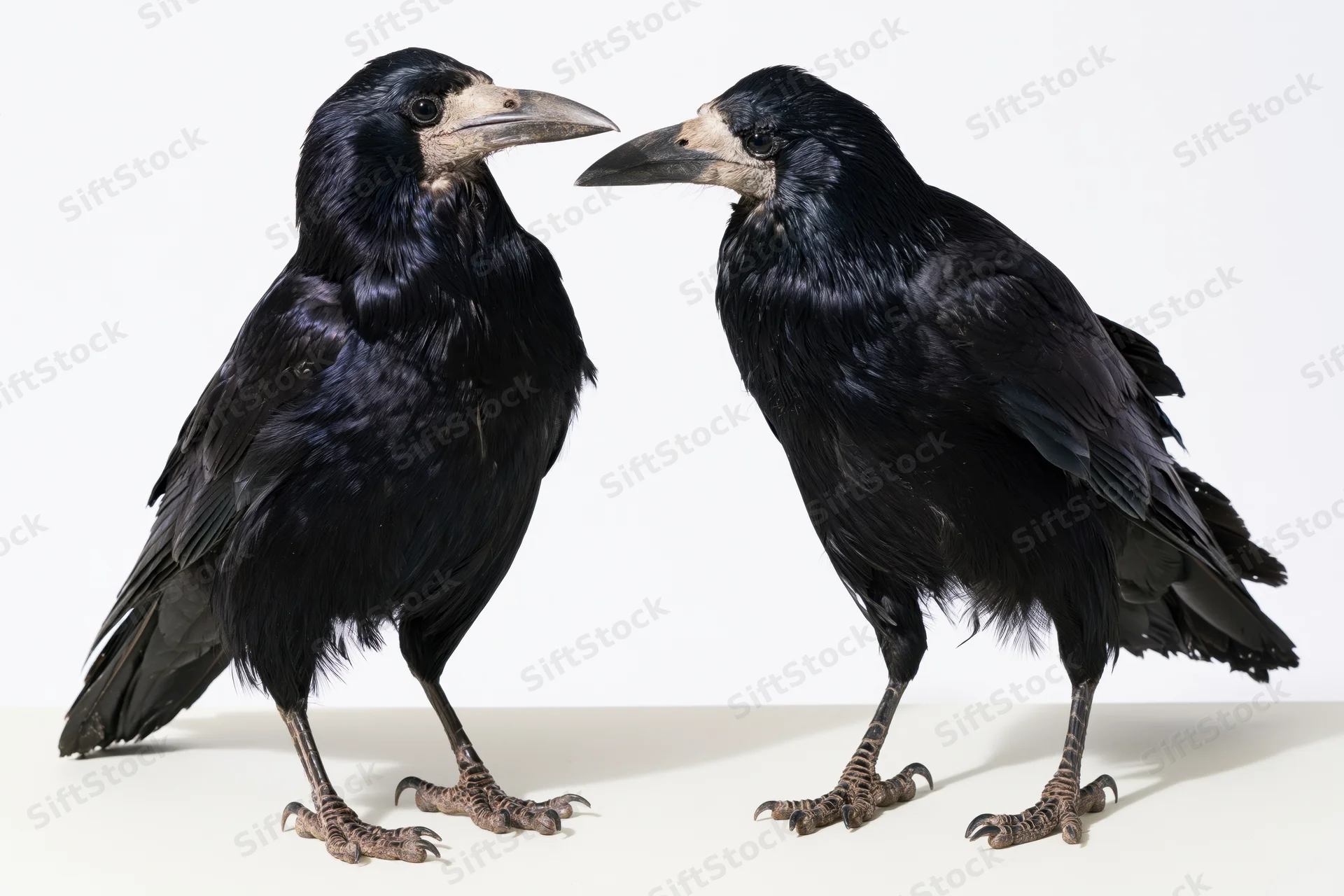 Two rooks standing facing each other on a white surface