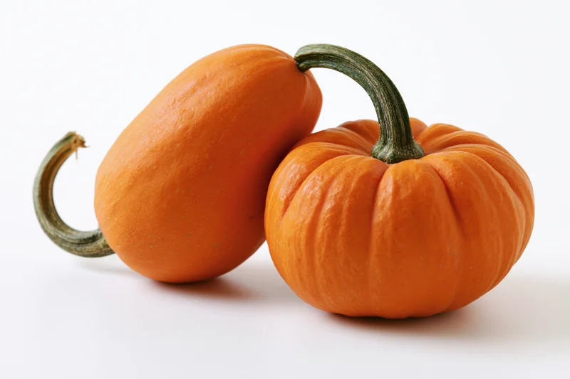 Two small orange decorative pumpkins side by side on a clean white surface