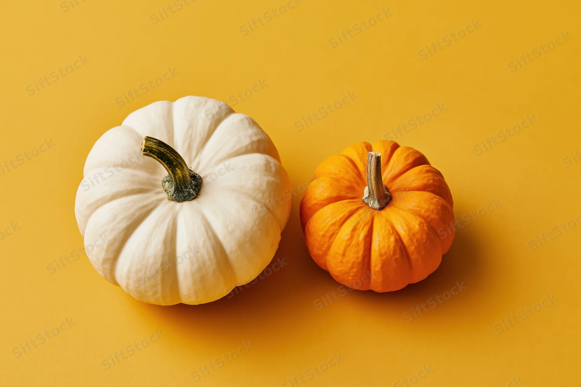 Two small decorative pumpkins side by side on a yellow surface