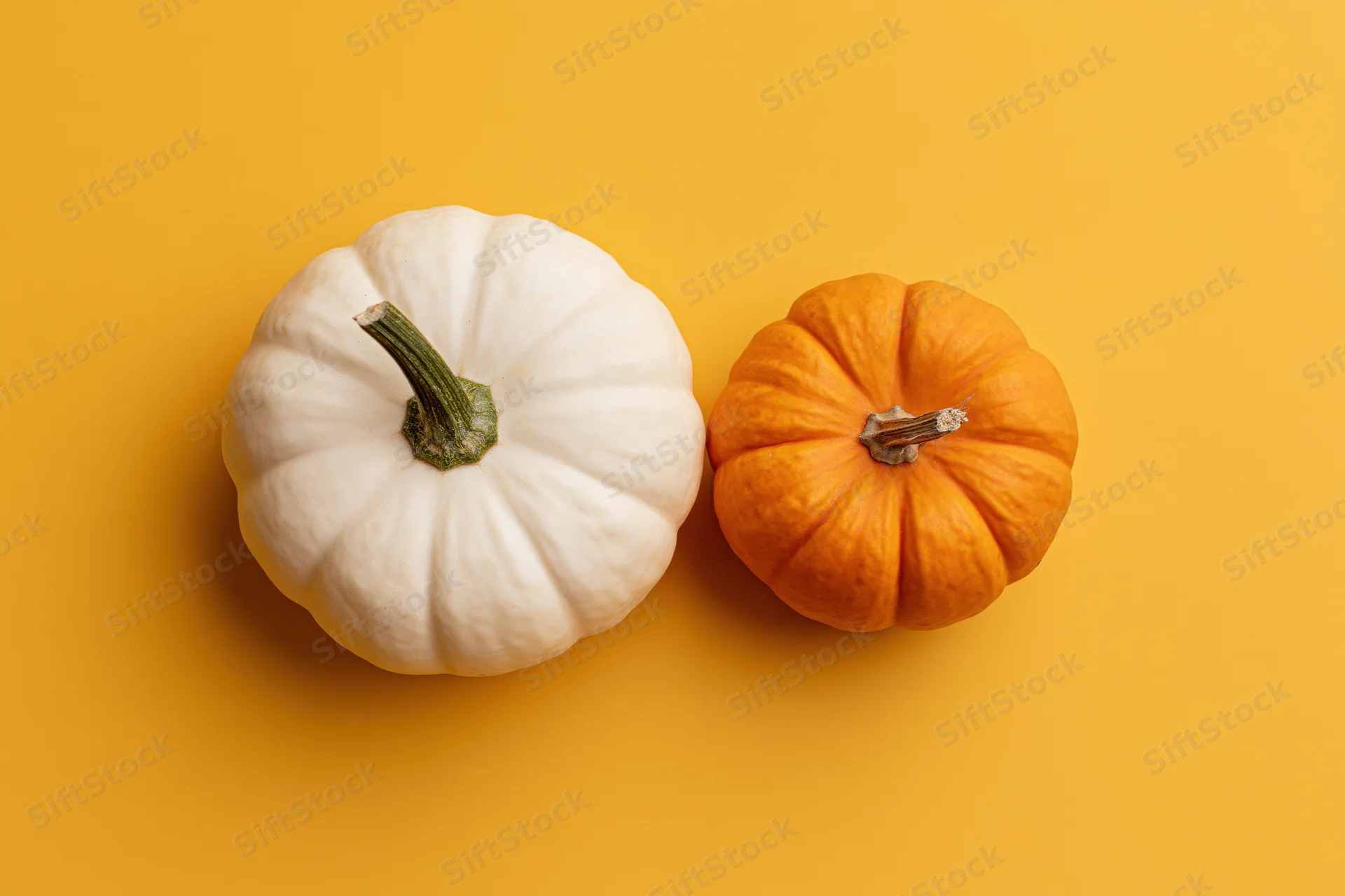 Two small decorative pumpkins side by side on a flat surface