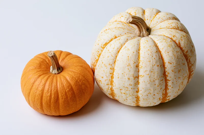 Two small pumpkins resting side by side on a plain white surface