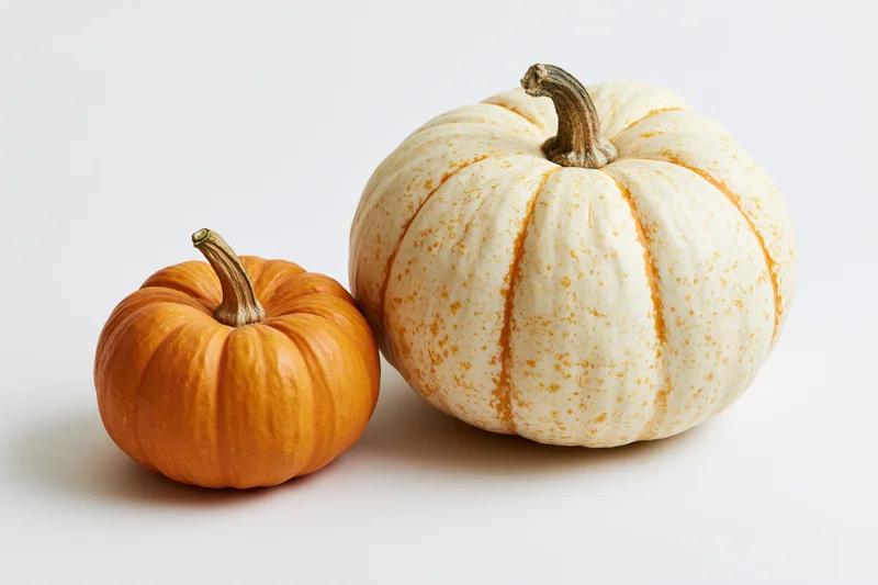 Two small pumpkins resting side by side on a plain white surface