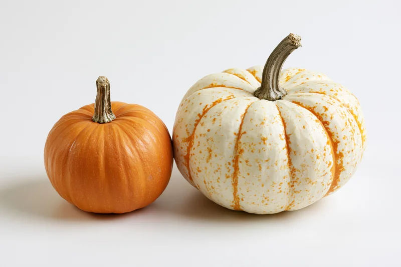 Two small pumpkins resting side by side on a plain white surface