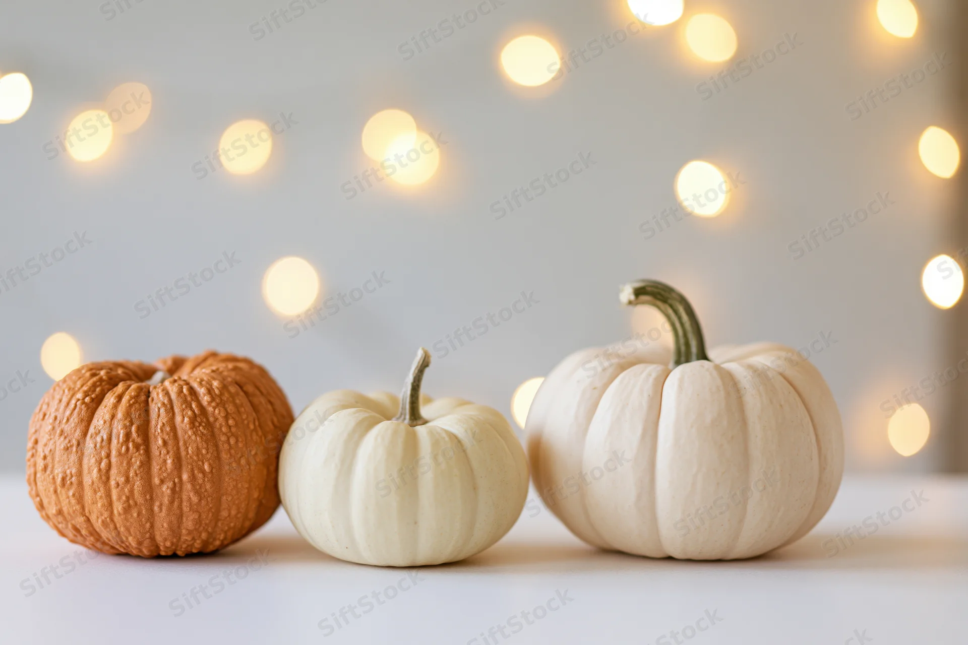 Three small pumpkins in orange and white arranged on a white surface with warm bokeh lights in the background