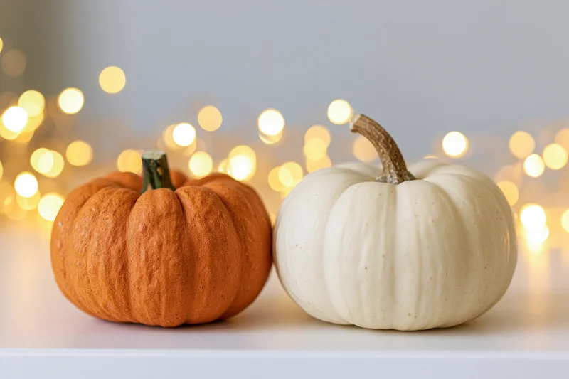 Two small pumpkins, one orange and one white, placed side by side on a white surface with warm string lights in the background