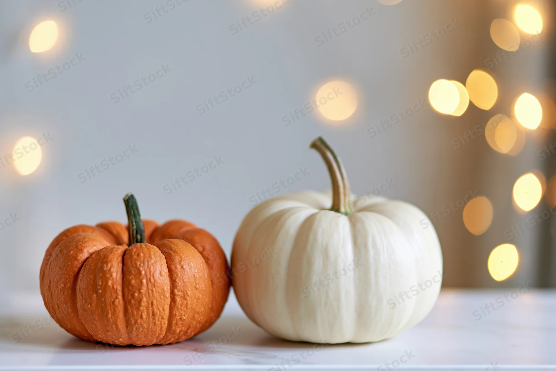 Two small pumpkins, one orange and one white, sitting side by side on a white surface with warm bokeh lights in the background