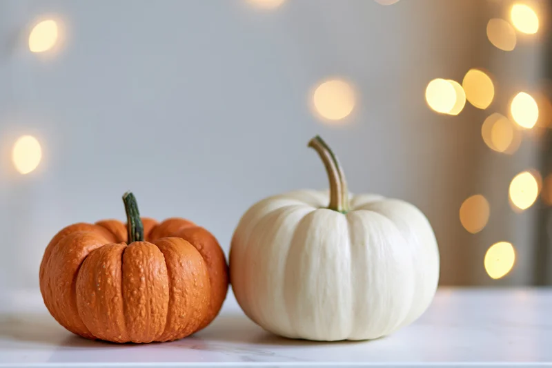 Two small pumpkins, one orange and one white, sitting side by side on a white surface with warm bokeh lights in the background