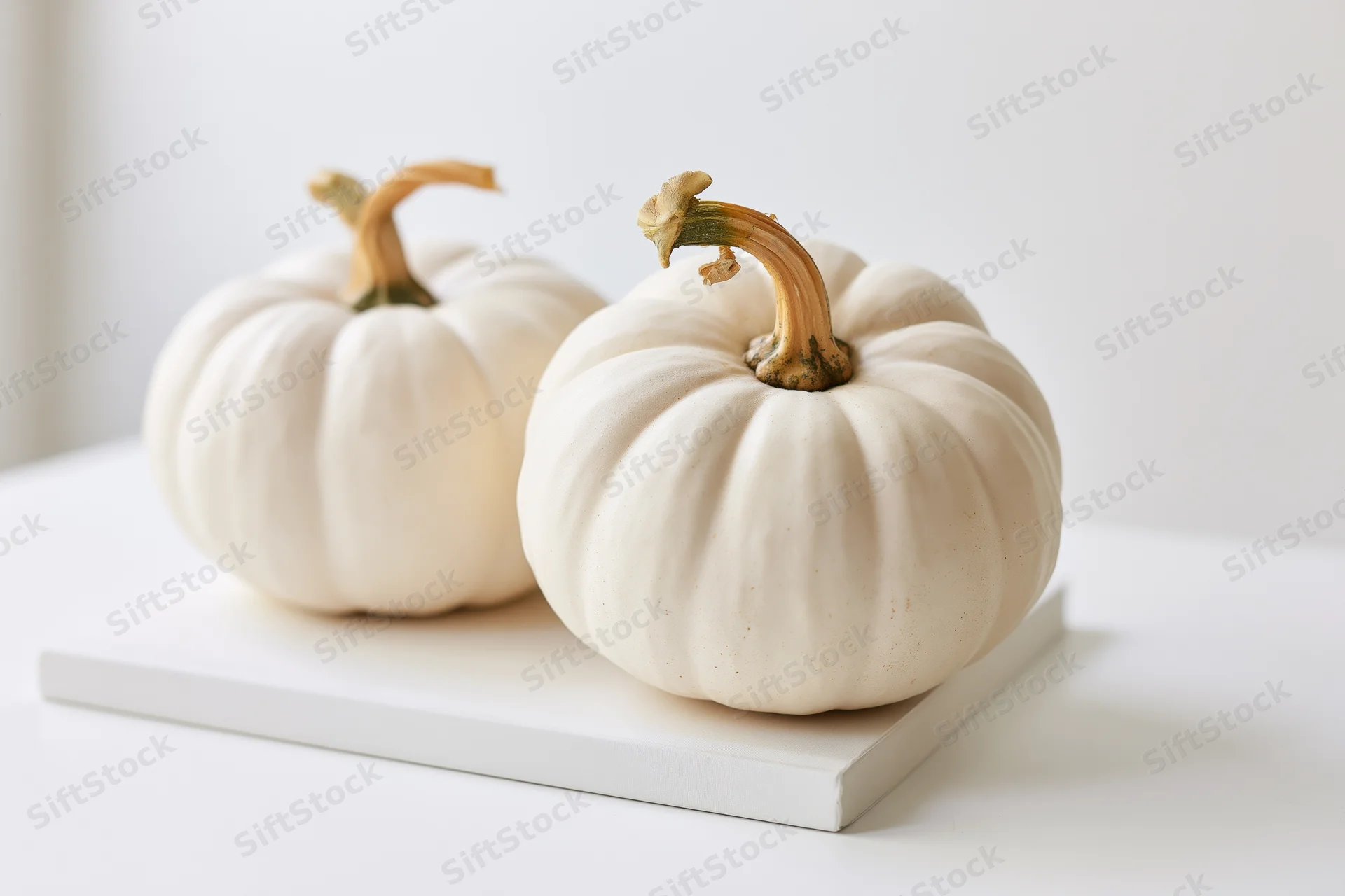 Two small white pumpkins resting on a white board on a clean surface