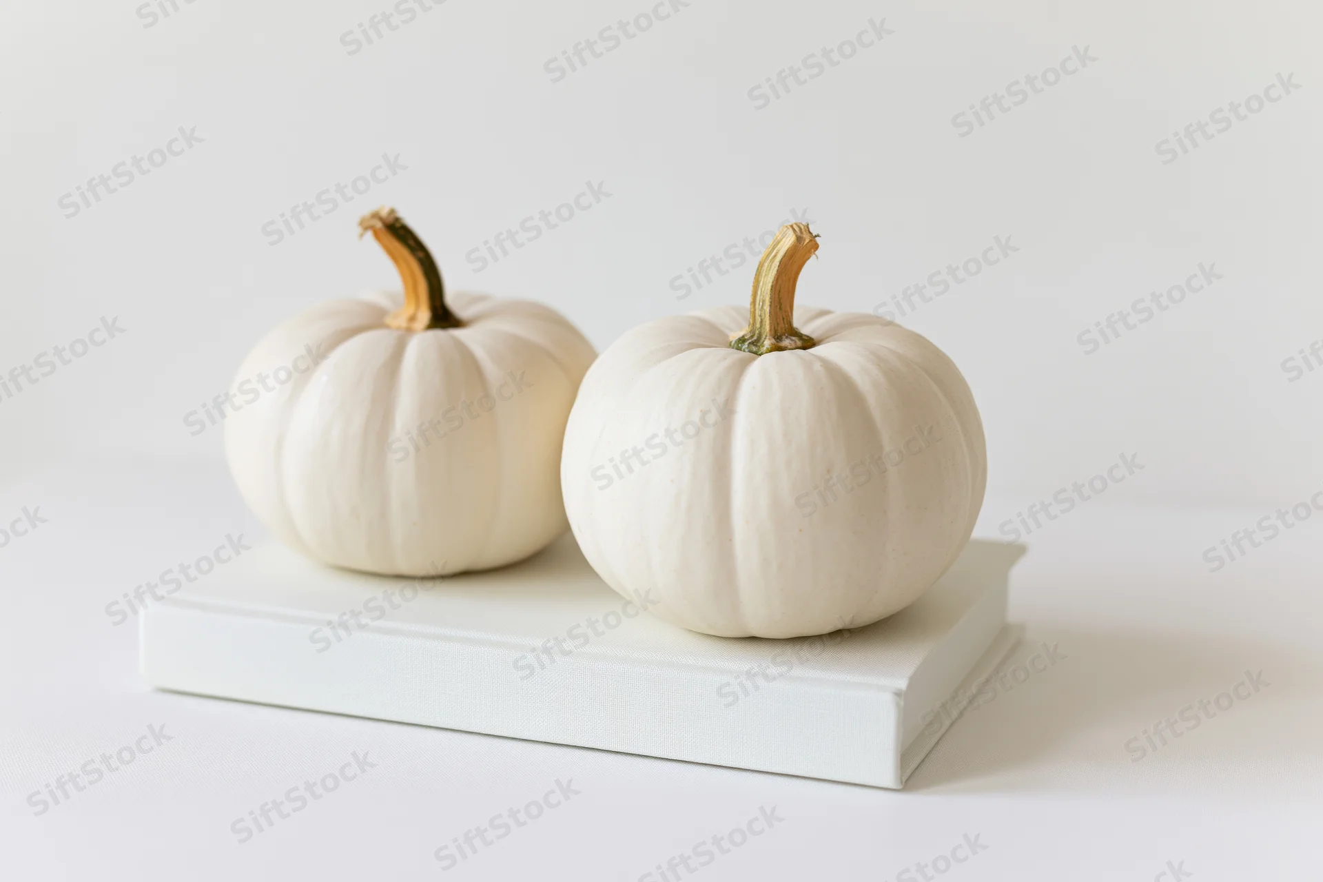 Two white pumpkins resting on a white book stack on a plain surface