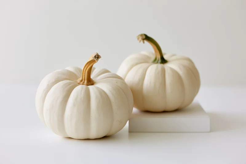 Two small white pumpkins arranged on a clean white surface with one elevated on a block