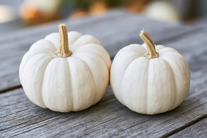 Two small white pumpkins resting on a weathered grey wooden surface