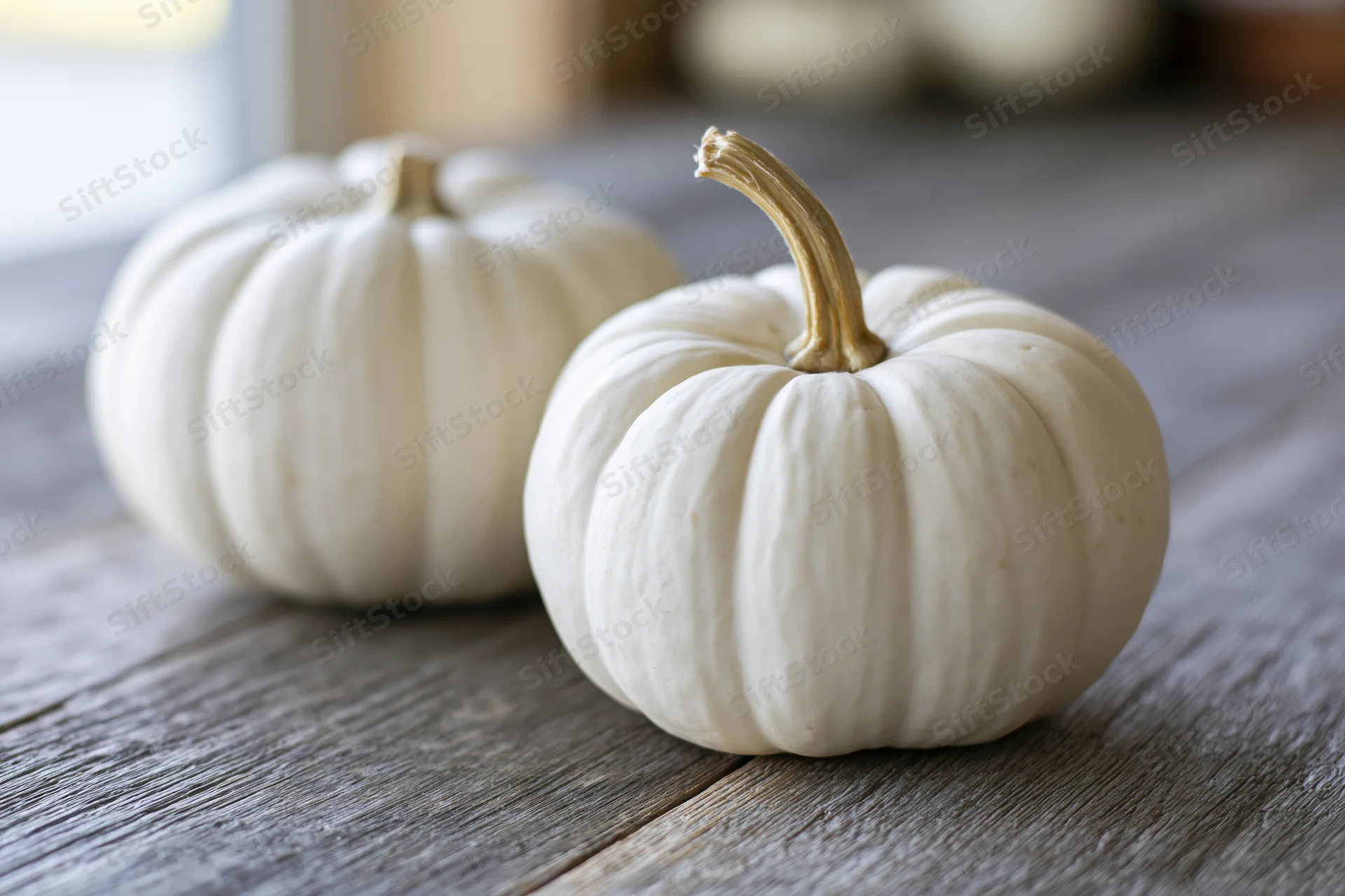 Two small white pumpkins resting on a weathered gray wooden surface