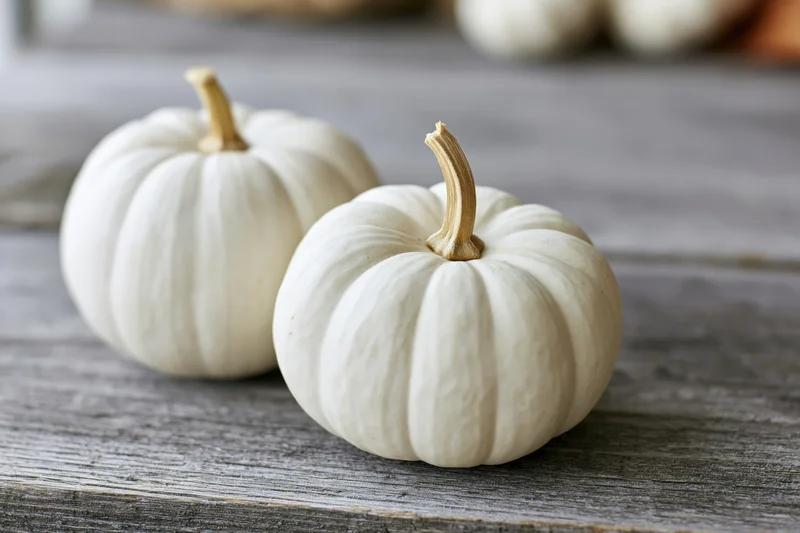Two small white pumpkins resting on a weathered gray wooden surface