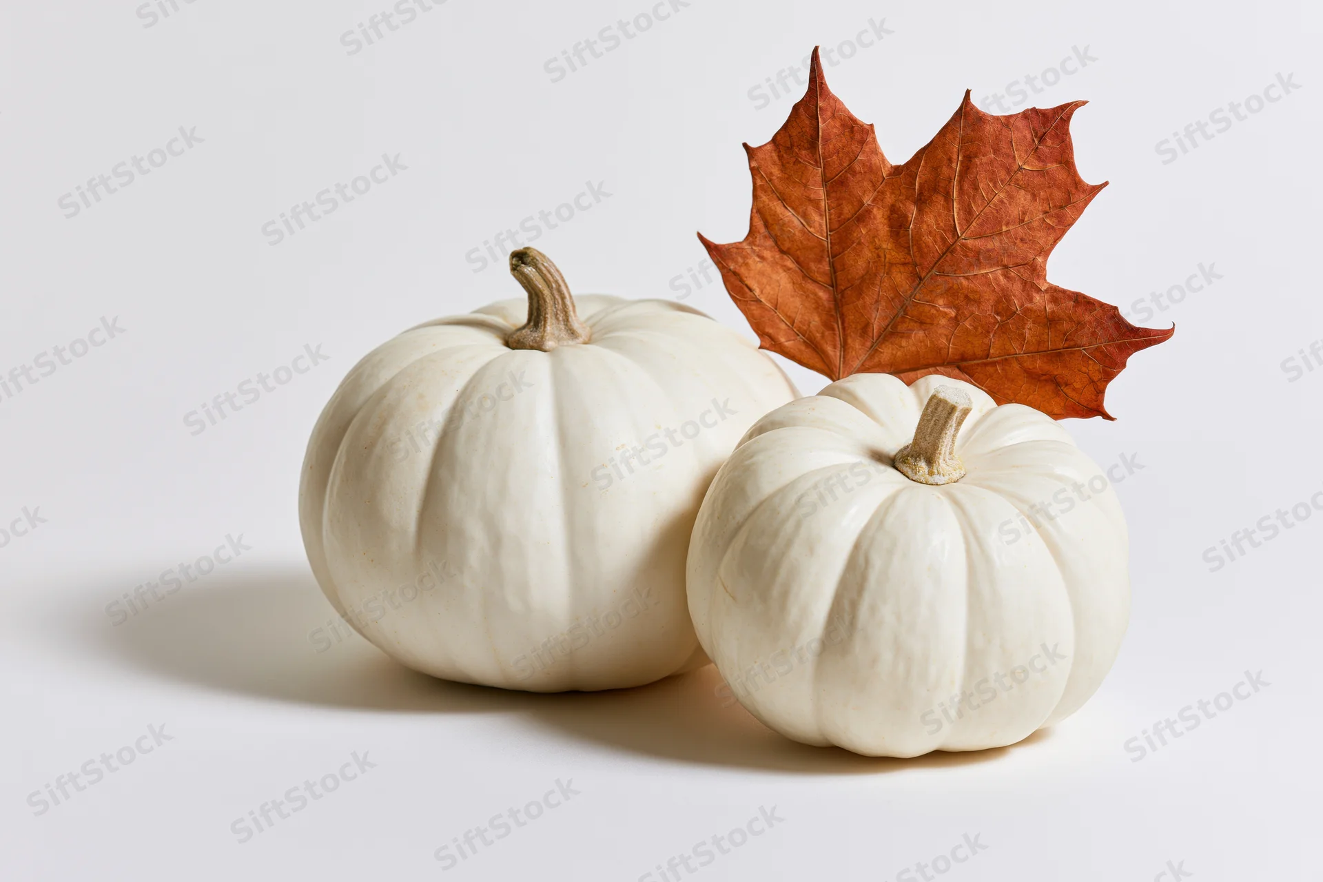 Two white mini pumpkins arranged together with a dried maple leaf on a white background