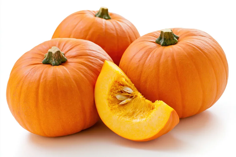 Three whole pumpkins and one cut wedge on white background