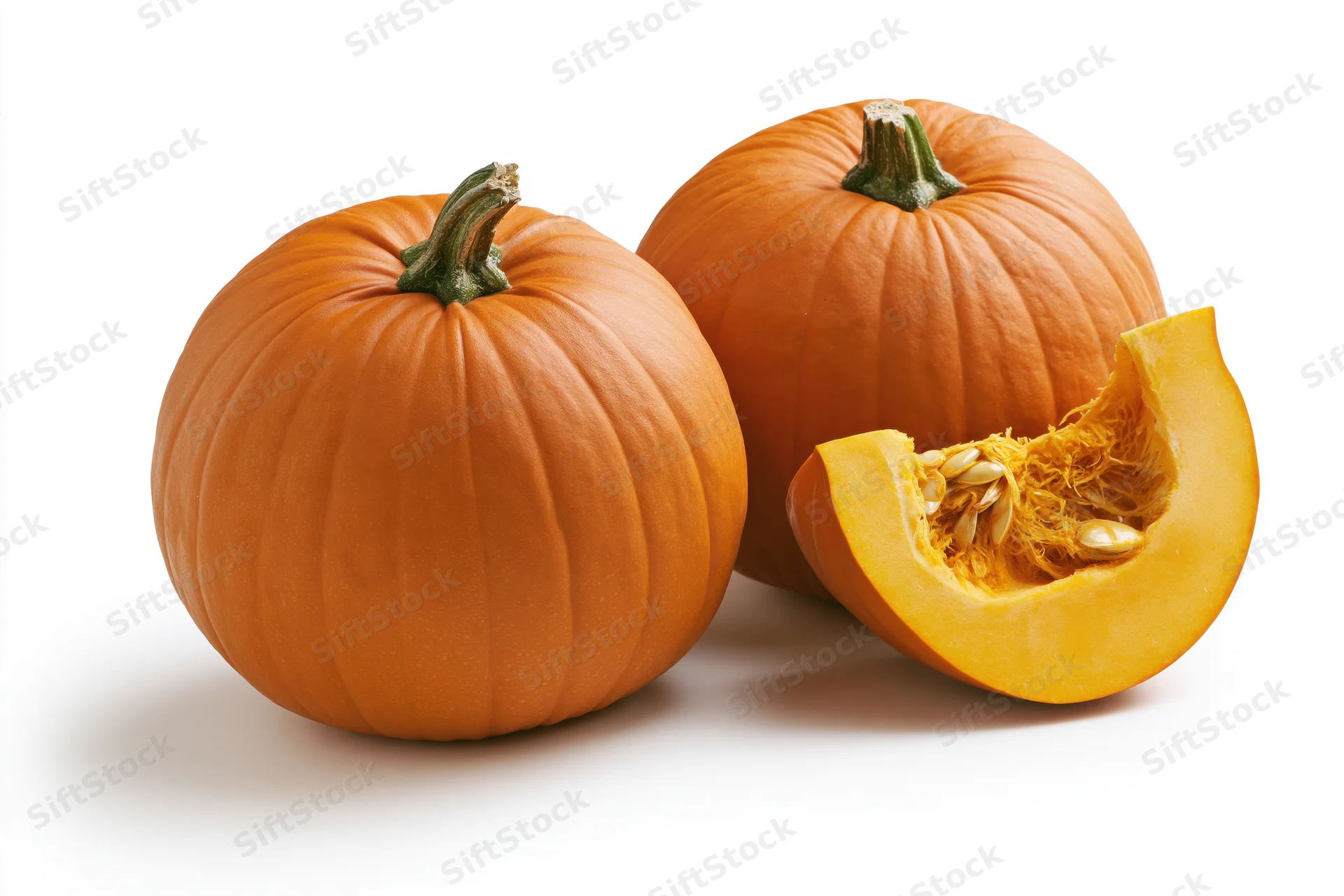 Two whole pumpkins and one cut wedge on white background