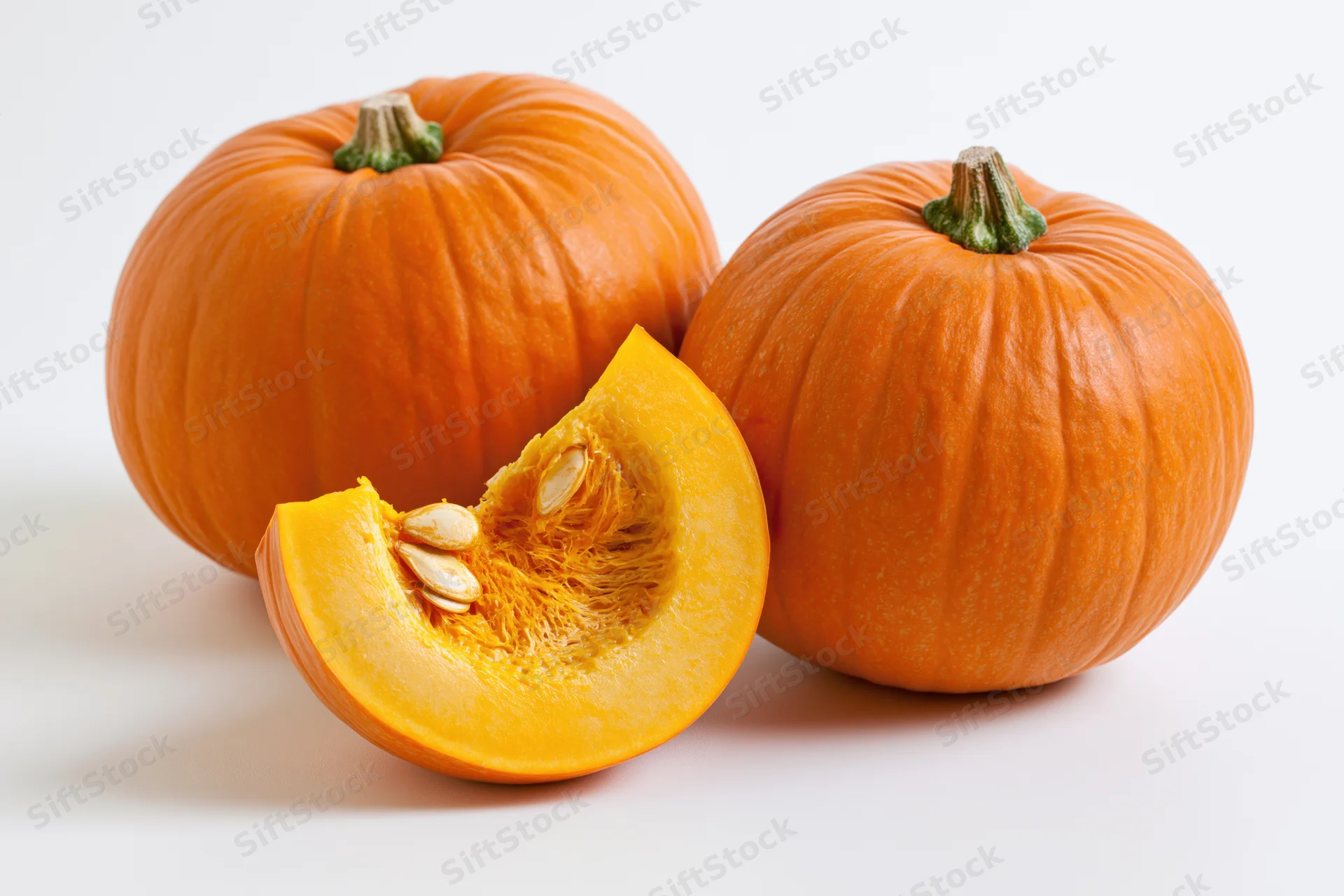 Two whole pumpkins and one cut wedge on white surface
