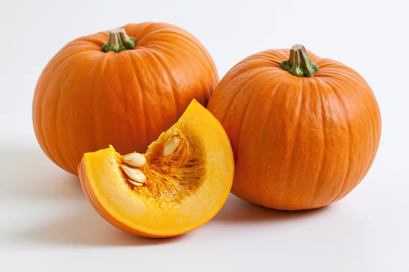Two whole pumpkins and one cut wedge on white surface