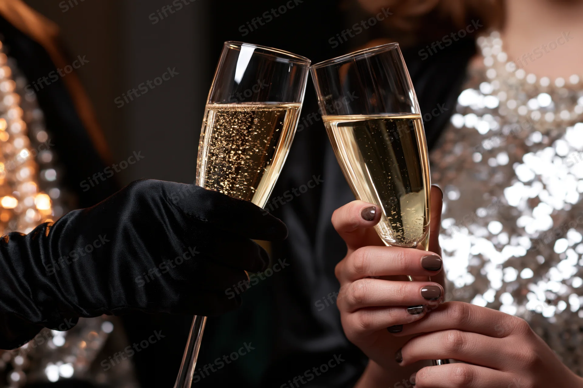 Two women clinking champagne flutes at a glamorous party