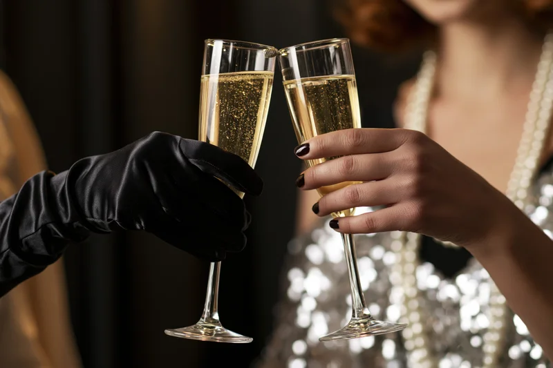Two women clinking champagne flutes at a glamorous party