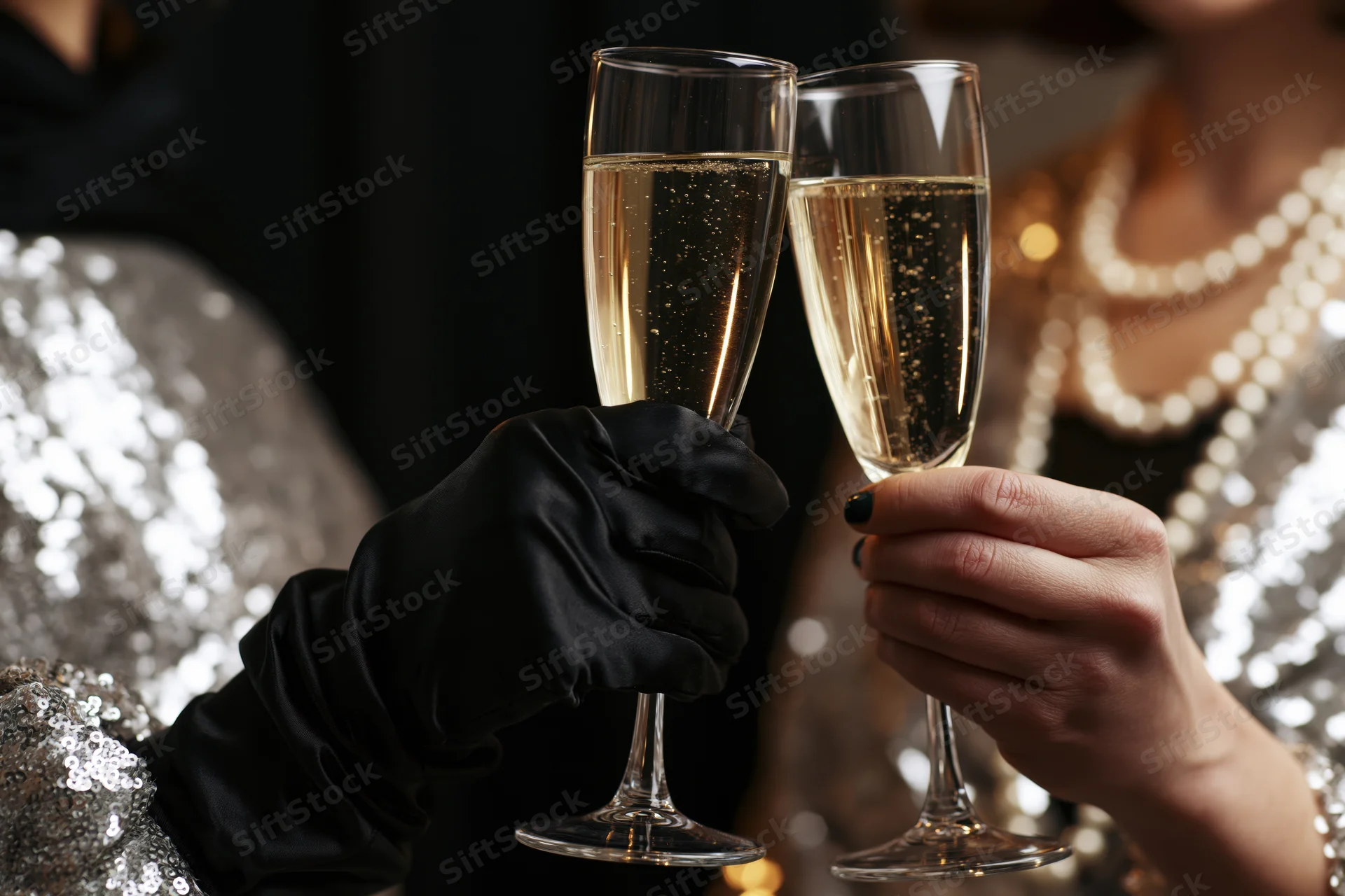 Two women clinking champagne flutes at a glamorous party