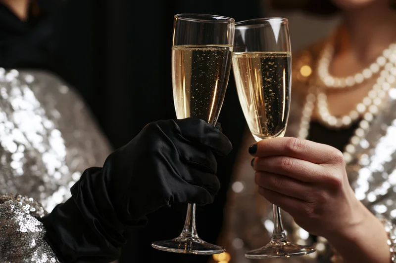 Two women clinking champagne flutes at a glamorous party