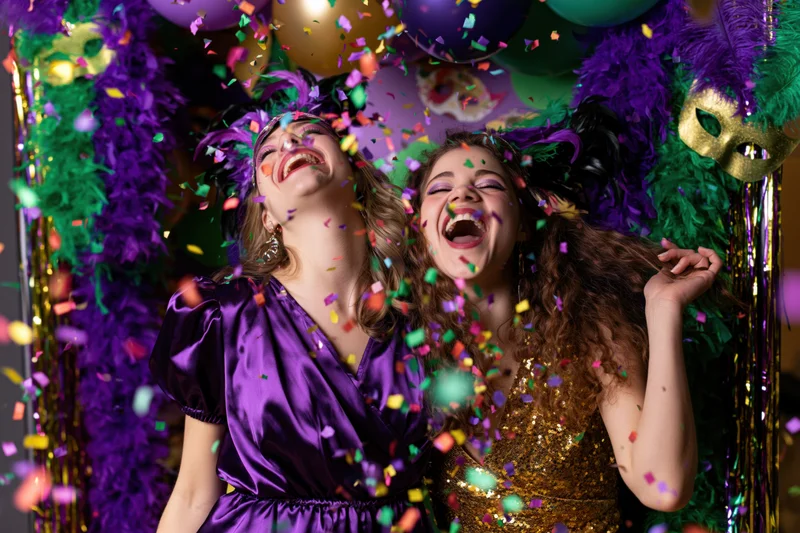 Two women in carnival costumes laughing and dancing amidst falling confetti and decorations