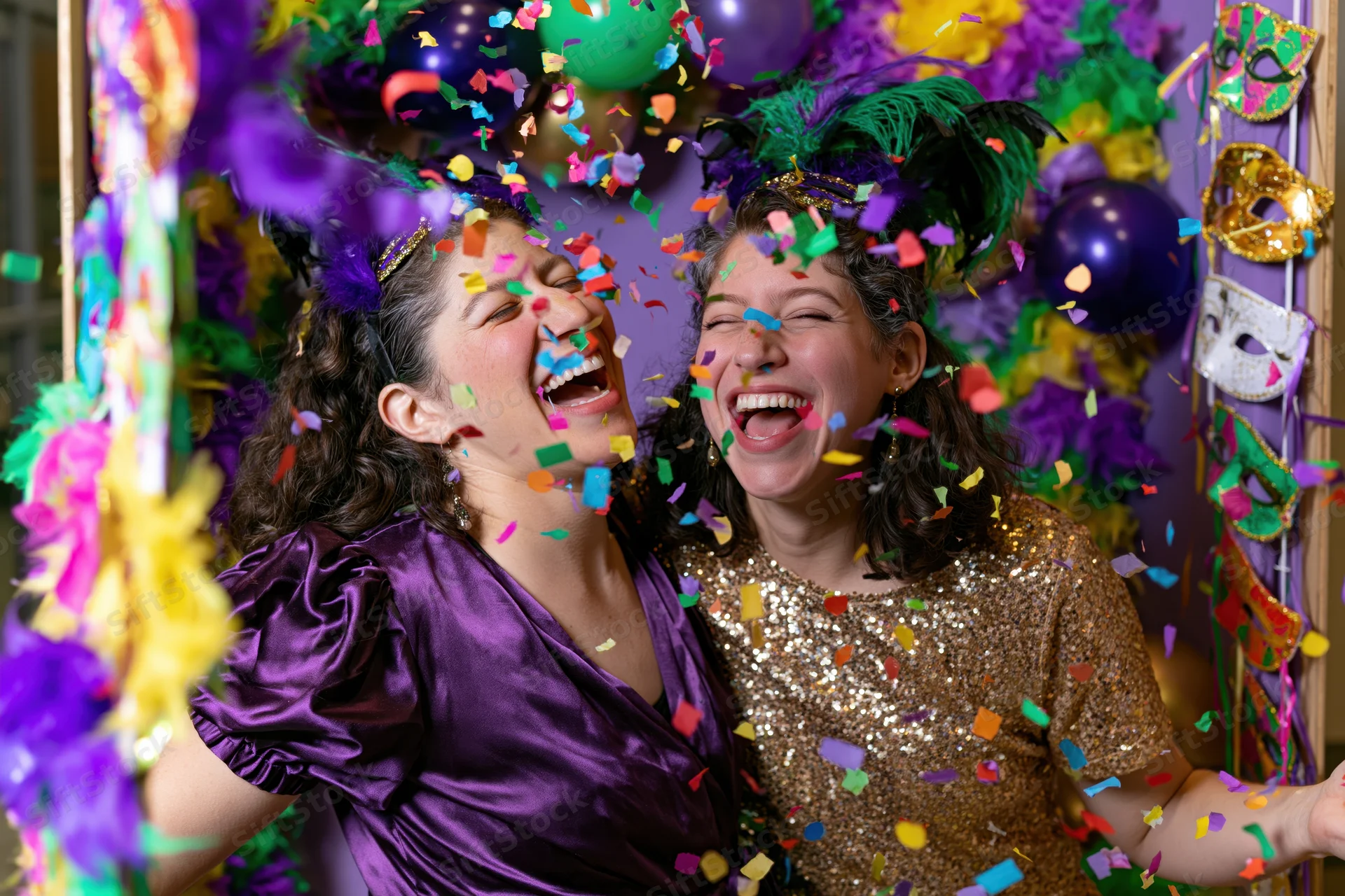 Two women laughing and dancing in carnival costumes amidst falling confetti and decorations