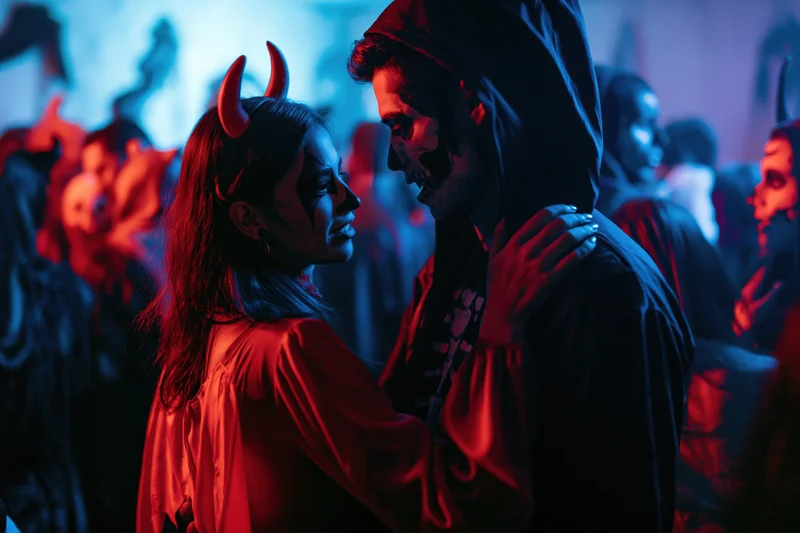 Young couple in devil and skeleton costumes dancing closely at a halloween party