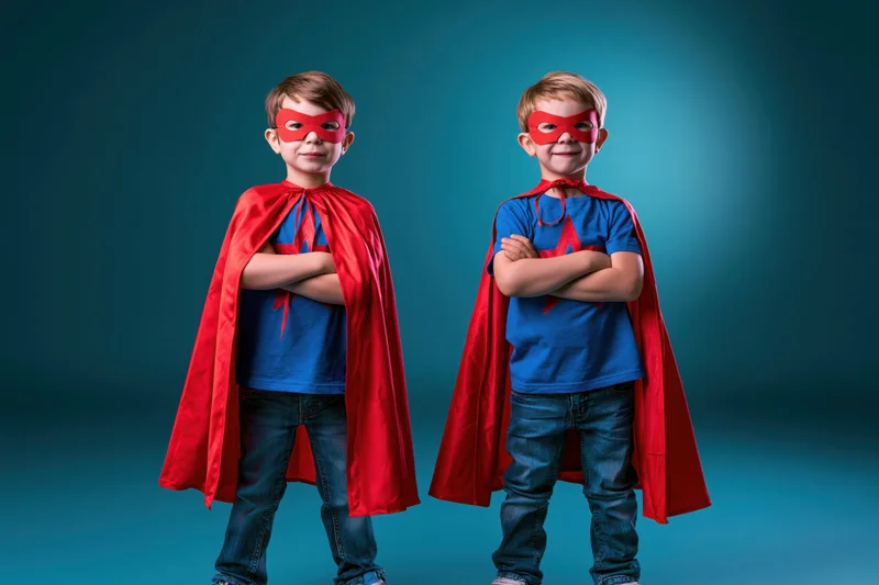 Two young boys in superhero costumes with red capes and masks standing with arms crossed against a teal backdrop