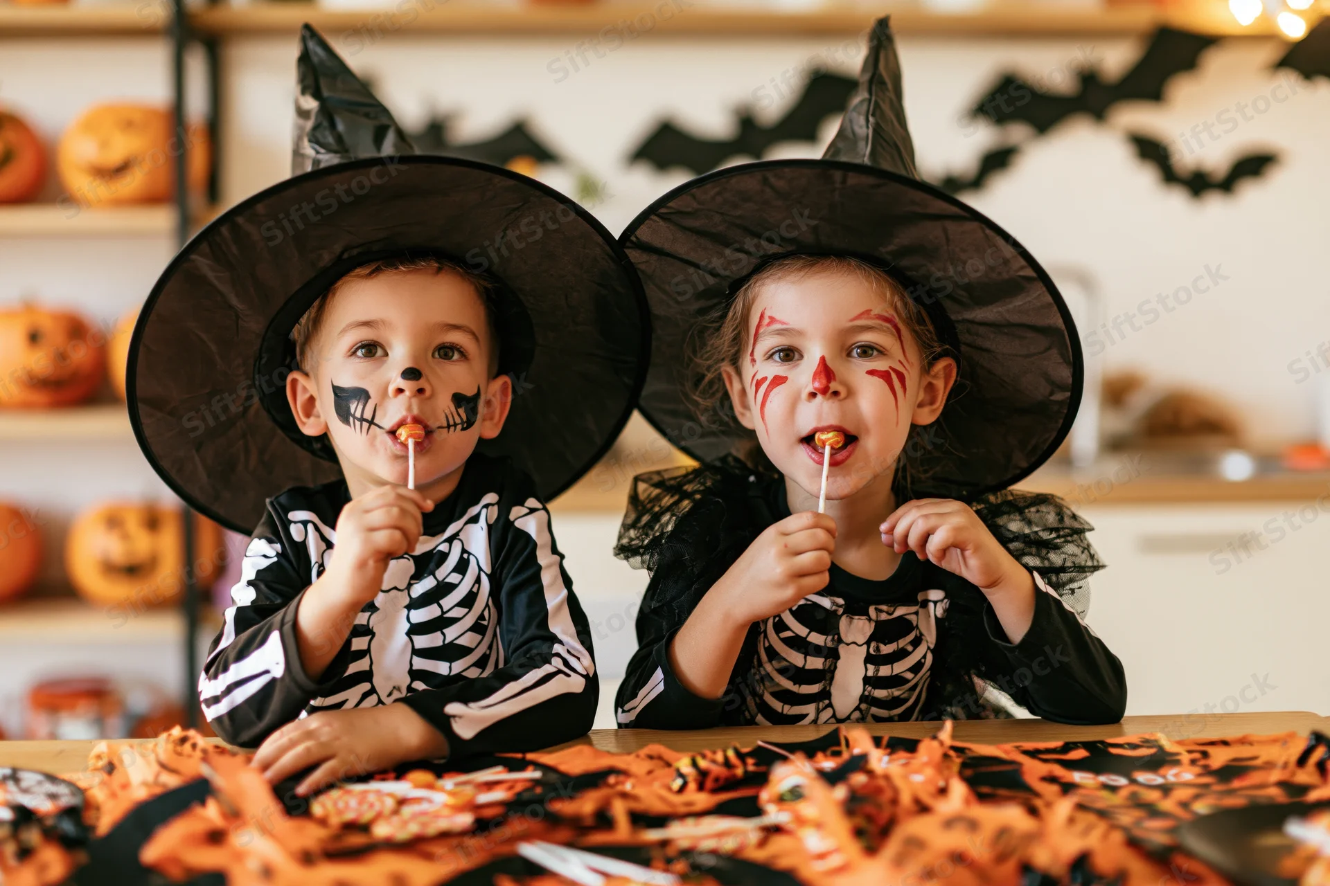 Two children in skeleton and witch costumes eating lollipops at a decorated table indoors