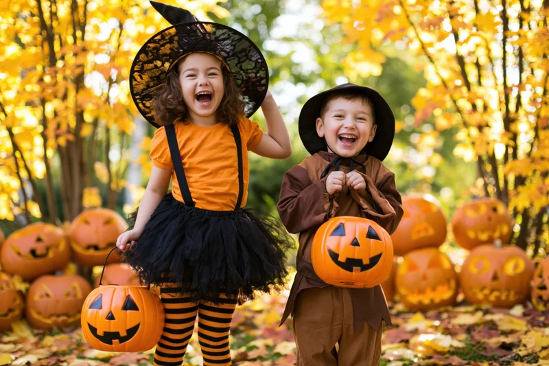 Two young children in halloween costumes laughing and holding pumpkin buckets outdoors among autumn foliage