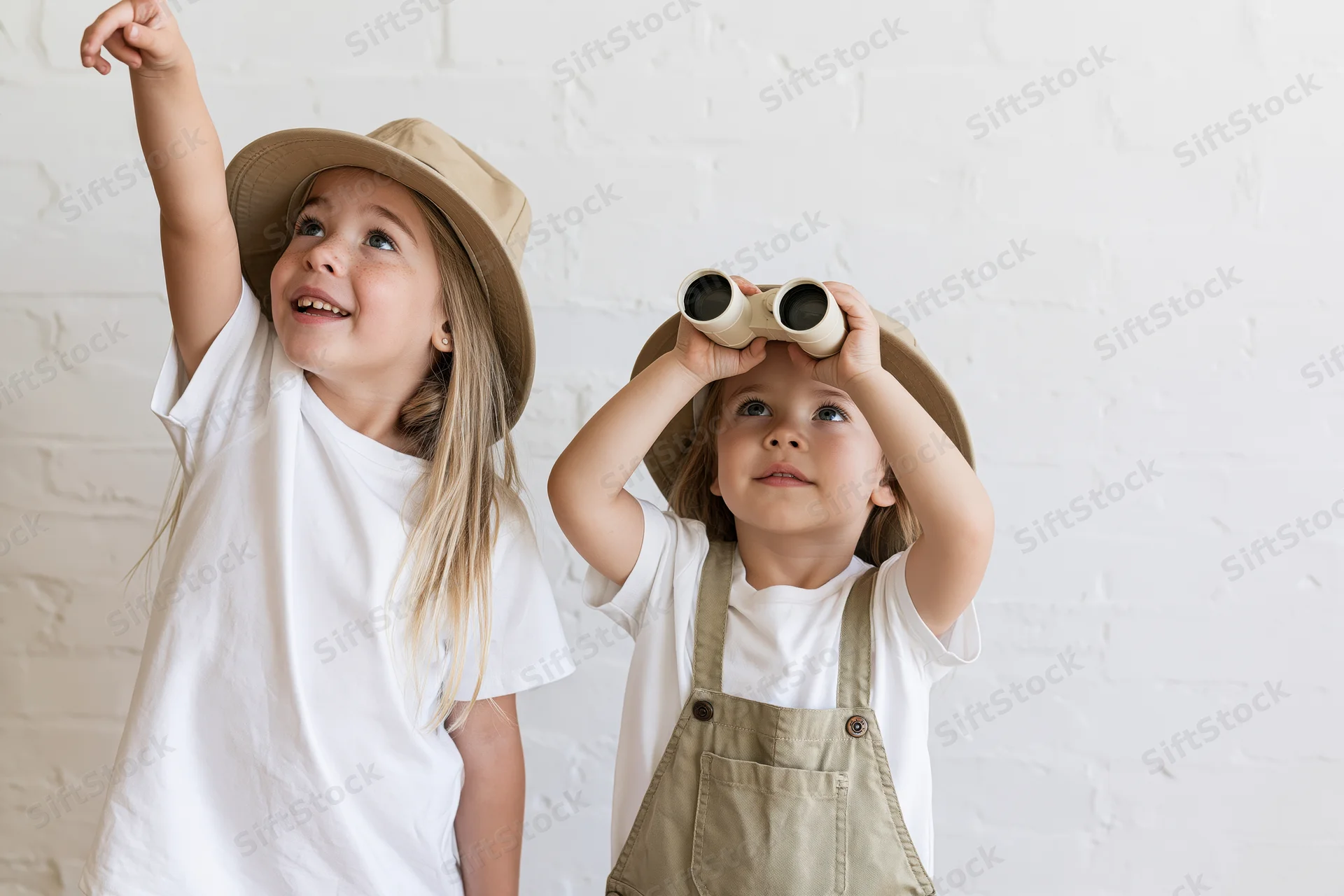 Two young children playing explorer, one pointing upward, one holding binoculars, indoors against white brick wall